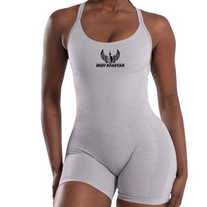 Combinaison de sport pour femme gris clair à bretelles, sans manches, extensible, pour le yoga, la gym et l'entraînement - Product Image 3