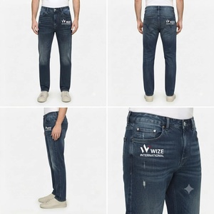WIZE INTERNATIONAL Jean en denim coupe droite bleu foncé pour homme, taille haute, fermeture boutonnée, décontracté, 100% coton, délavé - Product Image 4