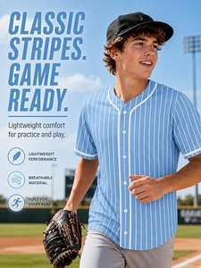 Maillot de baseball pour homme à manches courtes, bleu clair uni, col baseball, boutonnage frontal, coupe classique, en polyester respirant - Product Image 2