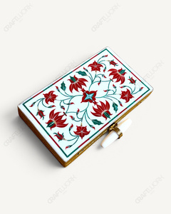 Pochette en marbre blanc naturel |   Minaudière artisanale à incrustations florales |   Sac de soirée de luxe pour mariée, sac de créateur orné de pierres pour femme - Product Image 5