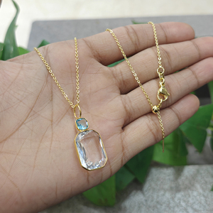 Geometric Gemstone Emerald Cut Crystal Quartz Brass Buddhism Fashion Pendant 18K Gold Plated Minimalist Statement Bezel Setting - Product Image 5