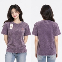 Kaos Wanita Musim Panas Kasual Acid Wash Lengan Pendek Cepat Kering Bernapas Custom Pabrik Ramah Lingkungan Poliester/Katun