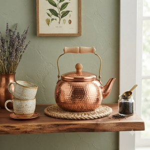 Bouilloire à thé en cuivre martelé de forme ronde, fabriquée à la main, avec bouton et poignée en bois – Fournisseur en gros de théières de luxe pour la cuisine - Product Image 2