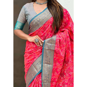 Sari Patola Bandhani en soie douce rose tissé Zari avec des tissages contrastés pour les mariages Elite Weaves 600g - Product Image 5