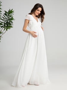 Robe de <span class=keywords><strong>soir</strong></span>ée élégante de maternité Mily Bridal ED035, coupe trapèze, col en V, froncée, longueur ras <span class=keywords><strong>du</strong></span> sol, en mousseline blanche - Product Image 3