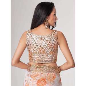 Impresionante Sari de fiesta de organza con estampado floral blanco con blusa - Product Image 1