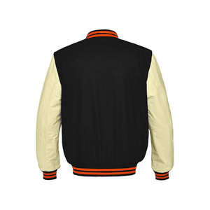 Chaqueta Varsity Premium Negra y Crema para Hombre con Mangas en Contraste, Cierre de Botones a Presión, Cuello, Puños y Dobladillo de Punto Acanalado, y Bolsillo Lateral - Product Image 2