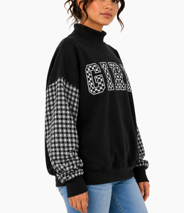 เสื้อสเวตเตอร์คอกลมสีดำสำหรับผู้หญิง พิมพ์ลายตัวอักษร "GIRL" แขนลายตาราง ผ้าฝ้ายถักแบบลำลอง ใส่ได้ในฤดูใบไม้ร่วง - Product Image 2