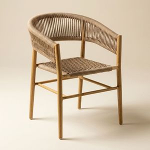 Modern Outdoor Armchair with Teak Wood Frame and Woven Rope Seat, PE Rattan Dining Chair for Patio, Garden and Resort - Product Image 1