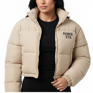 Chaqueta corta acolchada de moda para mujer, abrigo de invierno con cuello alto y cremallera completa, ropa de calle a la moda, color beige. - Product Image 1