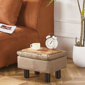 Poggiapiedi Moderno in Lino con Contenitore, Gambe in Legno Massello, Sgabello Decorativo per Divano, Ingresso, Soggiorno, Materiale MDF - Product Image 5