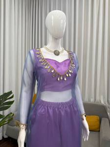 ชุดเสื้อผ้าอินเดียปากีสถานสีม่วง เสื้อครอปปักลายตาข่าย กางเกงยางยืด ชุดสำหรับงานเทศกาล - Product Image 2
