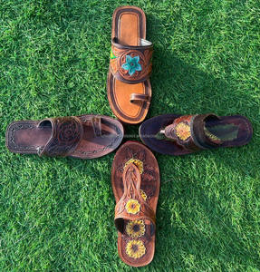 Real Handmade Genuine Women Western Style Tooled Cowhide Leather Casual Outdoor Flipflop Flat Turquoise Footwear Open Toe Sandal - Product Image 4