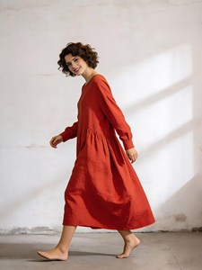 <b>Boho</b> Ladies Solid Red Loose Cotton <b>Dress</b> <b>Long</b> Sleeve Round Neck Casual Everyday Maxi <b>Dress</b> - Product Image 3