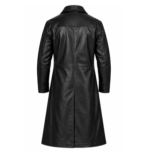 <b>Men's</b> <b>Black</b> Genuine Leather <b>Long</b> Trench <b>Coat</b> Full Zip Front Snap Button Closure Multi Pocket Winter Fashion Overcoat OEM - Product Image 2