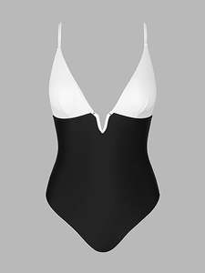 Maillot de bain taille haute à col en V, devant torsadé, bretelles spaghetti réglables - Product Image 1