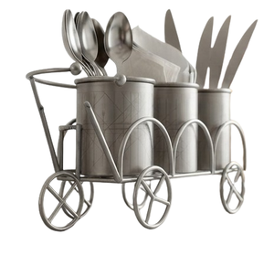 Wheeled Metal Cutlery <b>Organizer</b> 3 Compartment Flatware Holder Vintage <b>Utensil</b> Caddy for Kitchen - Product Image 2