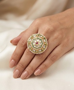 Handcrafted Kundan Floral Motif Big Studded Circular <b>Ring</b> Pearl Work <b>Adjustable</b> <b>Ring</b> For Women Imitation Jewellery Manufacturers - Product Image 2