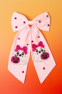 Export Quality Pink Halloween Hair <b>Bow</b> <b>Clip</b> with Ghost & Pumpkin Embroidery Cute Rhinestone Satin Hair Accessory for Girls <b>Bows</b> - Product Image 1