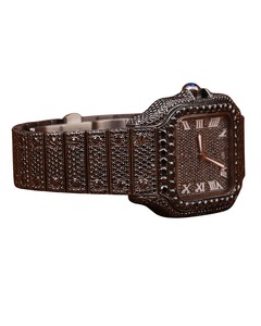 Montre de luxe en or blanc avec diamants moissanite taille ronde pour homme, montre de créateur entièrement pavée, cadran romain et noir, montre sertie de diamants - Product Image 2