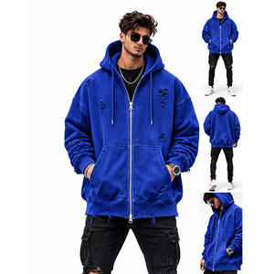 เสื้อฮู้ดดี้ซิปแบบยูนิเซ็กส์ สีน้ำเงินล้วน สไตล์วินเทจ ขาดๆ แบบดิสเทรส ทรงโอเวอร์ไซส์ ผ้าฟลีซ สตรีทแวร์ มีกระเป๋า ผลิตจากผ้าฝ้าย 100% - Product Image 6