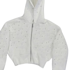 Cropped <b>Rhinestone</b> Zip Hoodie White Sparkle Sweatshirt Winter Fashion Streetwear Long Hooded <b>Jacket</b> 100% Cotton Fleece Oversized - Product Image 3