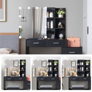 FCH Black Dressing Table Set with Triamine Veneer 5 Pumps 2 Shelves Mirror Cabinet Three Dimming Light Bulb Makeup Vanities - Product Image 3