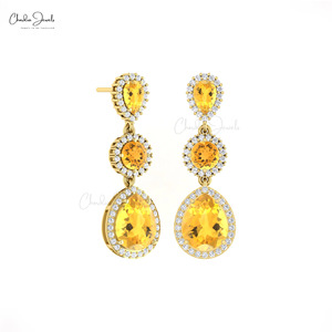 Top Quality 6.14 CTW Pear Cut Citrine & Diamond Engagement & Wedding <b>Earrings</b> 14k Solid Gold Halo Dangle Design Wholesale Price - Product Image 1