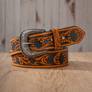 Cinturón Western Profesional de Primera Marca, Personalizado, Negro y Naranja, con Diseño Floral en Relieve, de Cuero Granulado, para Hombre y Mujer, de Alta Calidad, Estilo Vintage - Product Image 3