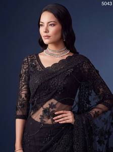 Sari de Seda Negro Bordado con Blusa de Encaje, Elegante Vestido Largo para Bodas Indias, Corte Regular para Mujer, Todas las Temporadas - Product Image 3