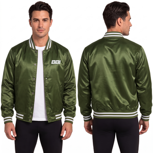 Veste en satin or champagne avec fermeture à boutons-pression, offrant une brillance soyeuse, col et poignets rayés blancs, et possibilité de commande en gros personnalisée (OEM). - Product Image 3