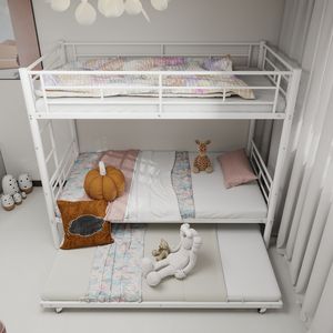 Letto a Castello in Metallo Bianco Robusto e Resistente, con Ringhiera di Sicurezza Insonorizzata, Senza Necessità di Rete a Doghe, per Bambini - Product Image 1