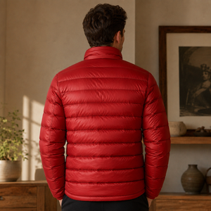 Blouson d'hiver décontracté pour homme, rouge, matelassé, coupe-vent, col montant, fermeture éclair, avec logo frontal, en polyester, vente en gros - Product Image 2
