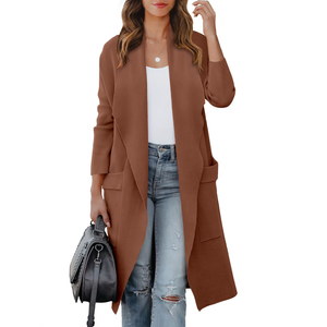 Cardigan à manches longues pour femmes, couleur unie, ouvert sur le devant, avec poches, pull tricoté décontracté, longueur complète, sans col, vêtements d'hiver - Product Image 1