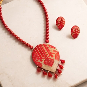 Traditional Red Muga Silk Necklace <b>Set</b> with Handcrafted Pendant and Matching Earrings | <b>Indian</b> Ethnic <b>Jewellery</b> with Floral Moti - Product Image 4