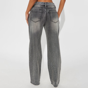 Custom High Waisted Wide Leg Stonewashed Denim Jeans With <b>Sequined</b> Dot Embellishment Loose Fit Full Length Women's Casual <b>Pants</b> - Product Image 2