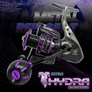 Carrete de Pesca Giratorio Sotelo Hydra con Manivela Metálica Intercambiable, Relación de Engranajes 5.2:1, Carrete Negro con Línea Morada - Product Image 2
