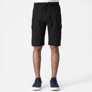 Men Black Cargo Shorts Elastic Waist High Rise Solid Color Casual Breathable Woven Oxford Fabric Street Style Shorts - Product Image 1