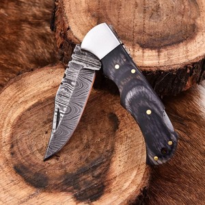 Cuchillo Plegable de Acero de Damasco con Patrón Trenzado, Bloqueo Trasero, Mango de Madera Pakka, Funda, Cuchillo EDC de Bolsillo para Camping, OEM, Venta Caliente - Product Image 3