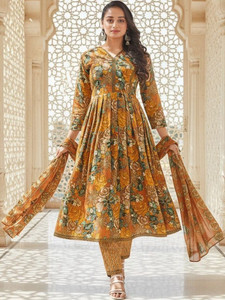 <b>Women</b> Traditional Floral Printed Cotton Empire Anarkali Shape V-neck Knee-Length <b>Kurta</b> with Trousers & Dupatta Diwali Party Wear - Product Image 5