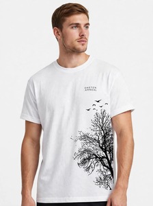 ONETEN APPAREL เสื้อยืดคอกลมแขนสั้นผู้ชายสีขาวพิมพ์ลายต้นไม้นกเสื้อยืดลำลอง - Product Image 5