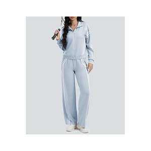 Conjunto de 2 piezas para mujer: Sudadera con cremallera y pantalones de chándal de pierna ancha con rayas en contraste, ideal para viajar - Product Image 4