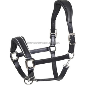 Licou de course de chevaux en cuir double rembourré extra confortable fantaisie avec 2 rangées décoratives de minuscules cristaux et casque anatomique - Product Image 4