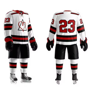 Uniforme de Hockey sobre Hielo para Hombre, Conjunto de Jersey y Pantalones a Rayas Blancas, Rojas y Negras, Sublimado, Transpirable, 100% Poliéster, Manga Larga, Cuello en V - Product Image 1