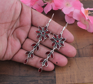 925 Sterling <b>Silver</b> Natural Red Garnet Flower Drop <b>Earrings</b> | Wholesale Handcrafted Marquise Leaf Long <b>Dangle</b> Chandelier <b>Earring</b> - Product Image 3