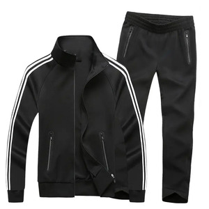 Ensemble de survêtement noir pour homme, manches longues, col montant, fermeture éclair, style sportif décontracté, respirant, en polyester, pour l'automne - Product Image 1