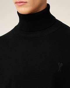 Suéter de Lana Negro para Hombre, Cuello Alto, Diseño Minimalista de Color Sólido, Logotipo Frontal, Ropa de Invierno, Corte Regular, Pullover - Product Image 6
