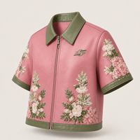 Blouson de moto en cuir tissé matelassé à imprimé floral rose pour femme, manches courtes, fermeture éclair, col contrastant, coupe courte, automne-hiver