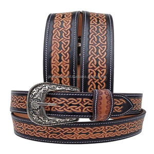 Durable Stitched Hand Carved Engraving <b>Men's</b> Fashion Western <b>Leather</b> Tooling <b>Belt</b> with Designer Brass Buckle Set - Product Image 1