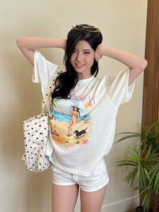 Camiseta de Verano para Mujer, Estilo Vintage, Lavada, con Apliques y Logotipo Gráfico, de Jersey, Manga Corta, Algodón, Corte Holgado, Estampado Playero, Casual, Estilo Urbano - Product Image 6